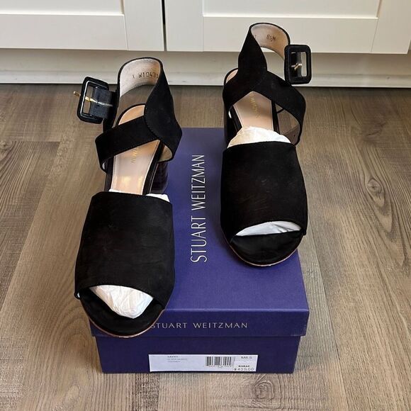 Stuart Weitzman $435 Savvy Side Buckle Black Nubuck Sandals Women’s 8.5 - Picture 2 of 11